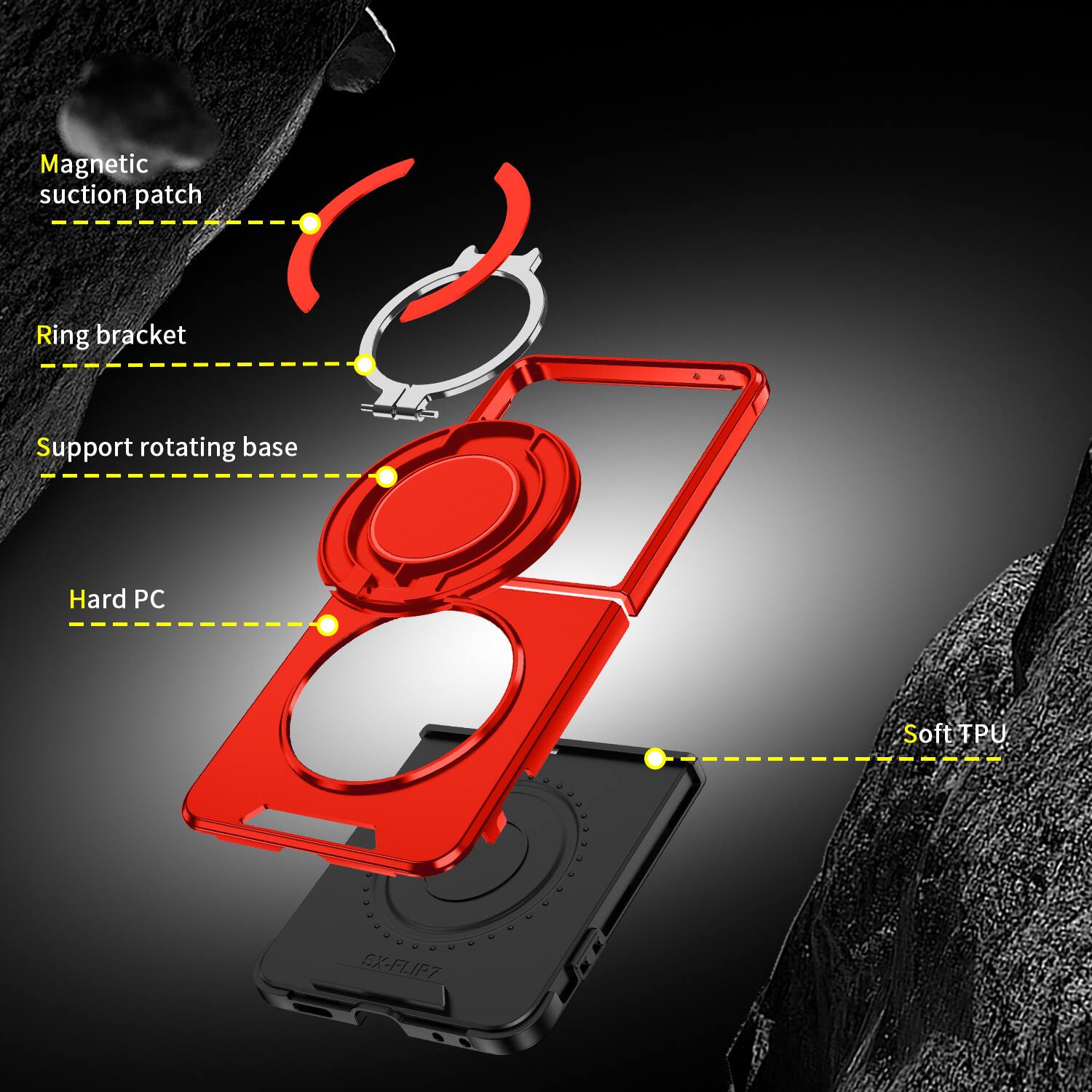 Magnetic suction patch  
Ring bracket  
Support rotating base  
Hard PC  
Soft TPU  
SX-FLIP7