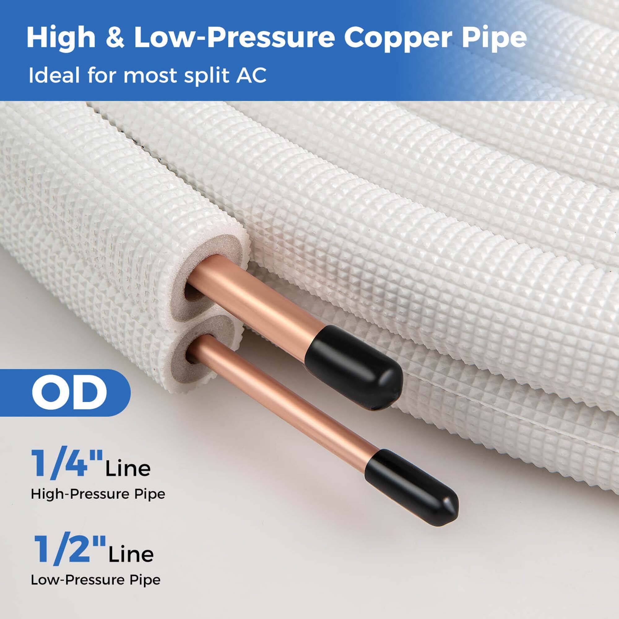 High & Low-Pressure Copper Pipe  
Ideal for most split AC  

OD  
1/4" Line  
High-Pressure Pipe  

1/2" Line  
Low-Pressure Pipe