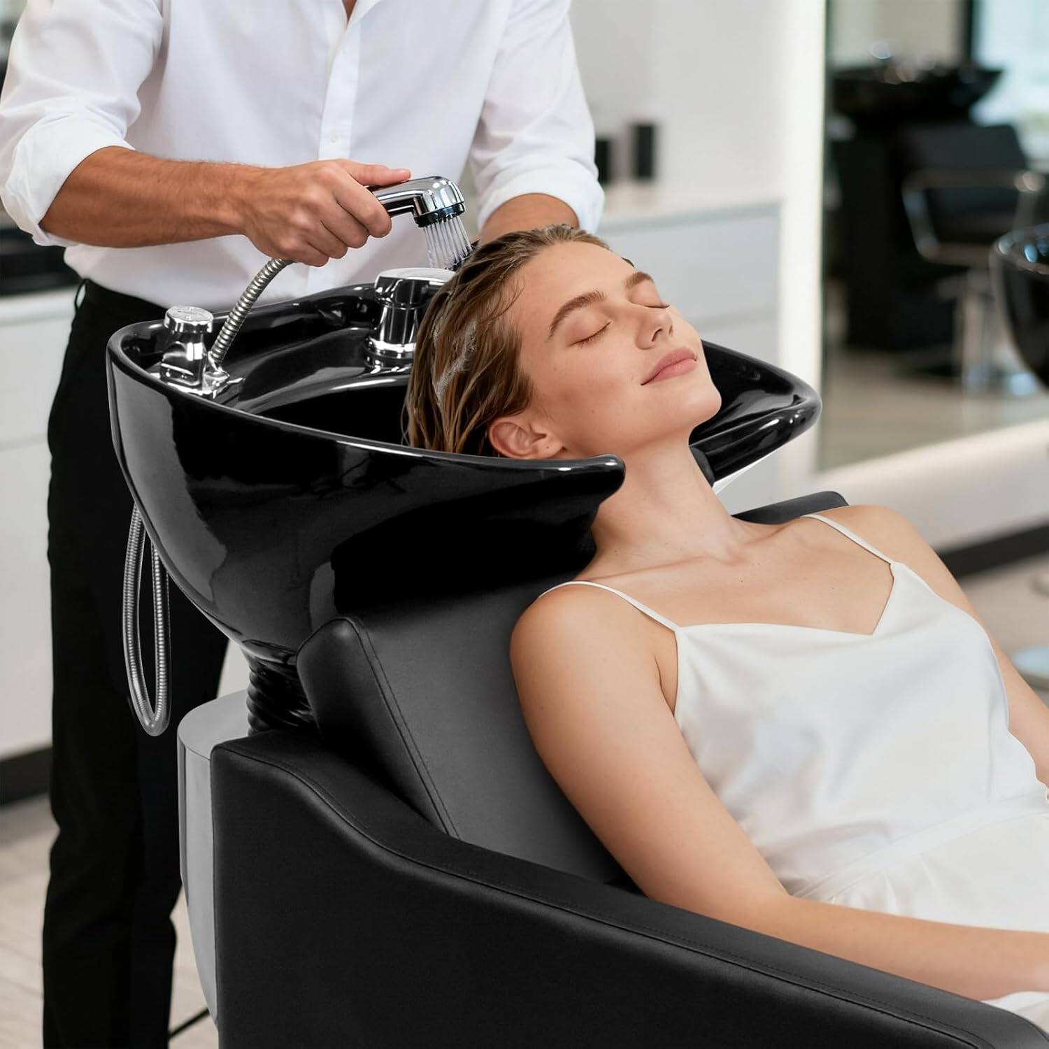 Alt View 5. Winado - Ceramic Hair Wash Bowl Sink with Shampoo Chair, Manual Adjustable Leg Rest & Tilting Shampoo Bowl - Black.