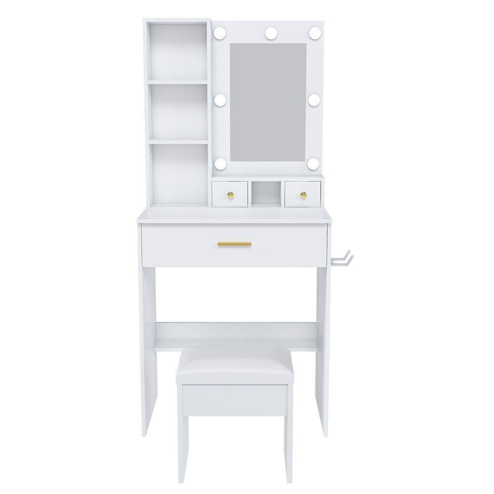Kadyn - LED Mirror Vanity Table with Electrical Outlet and Included Stool - White