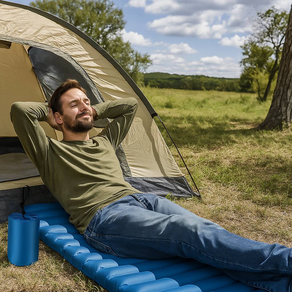 Angle. BreeBe - Waterproof 3-Inch Inflatable Camping Mattress for Outdoor Sleeping - Blue.