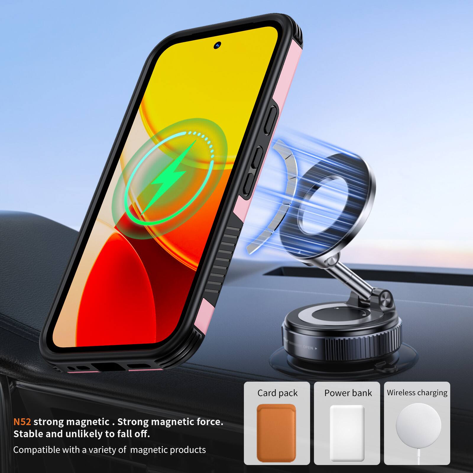 OPEN

Card pack  
Power bank  
Wireless charging  

N52 strong magnetic. Strong magnetic force. Stable and unlikely to fall off. Compatible with a variety of magnetic products