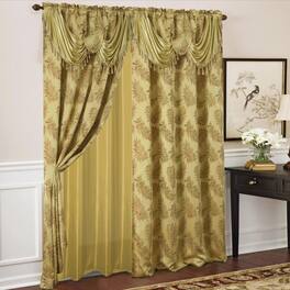 Olivia Gray - Palm Floral Textured Jacquard 54 x 84 in. Single Rod Pocket Curtain Panel Valance - Gold
