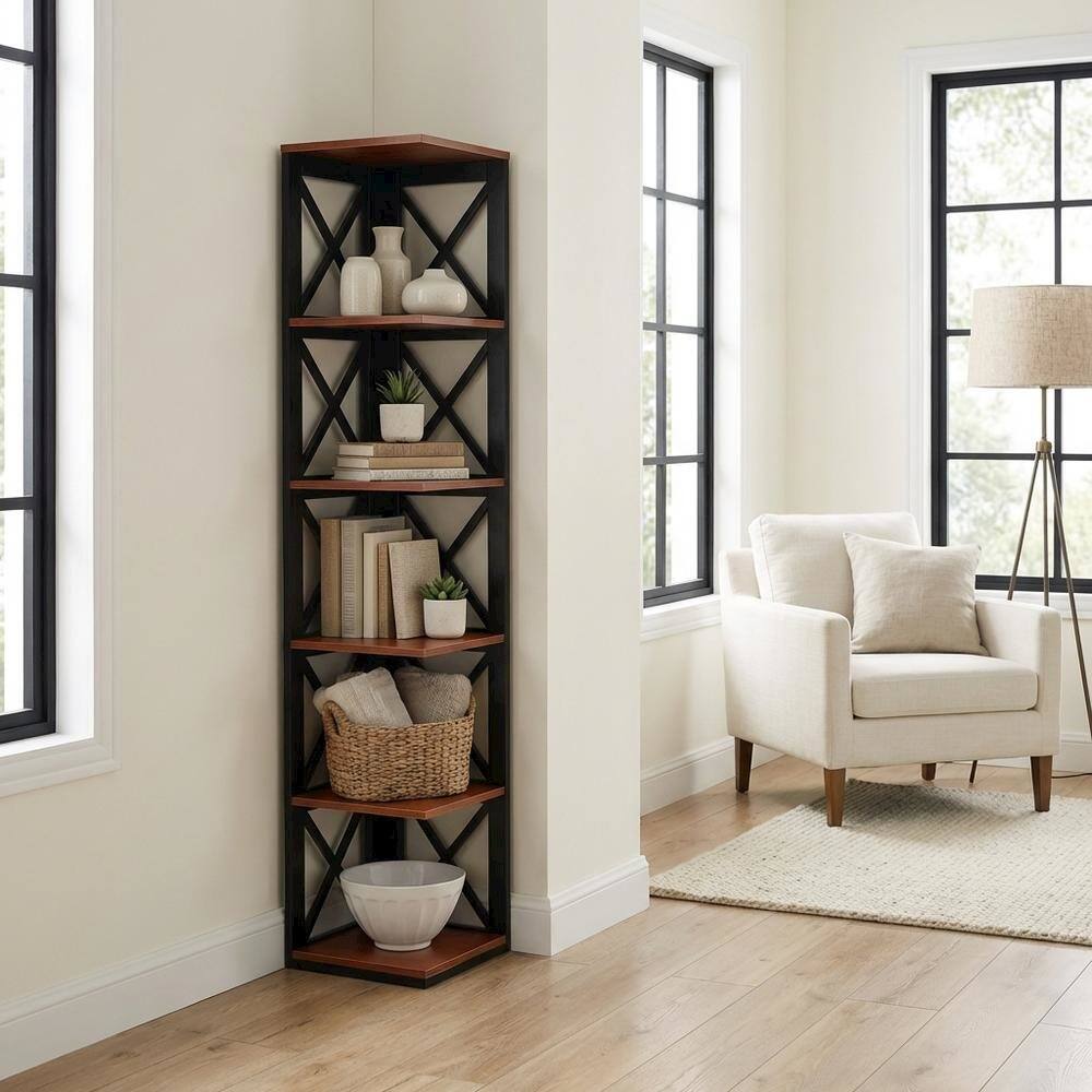 Alt View 1. FurniFact - Multi-tier corner bookcase with durable finish - Cherry.