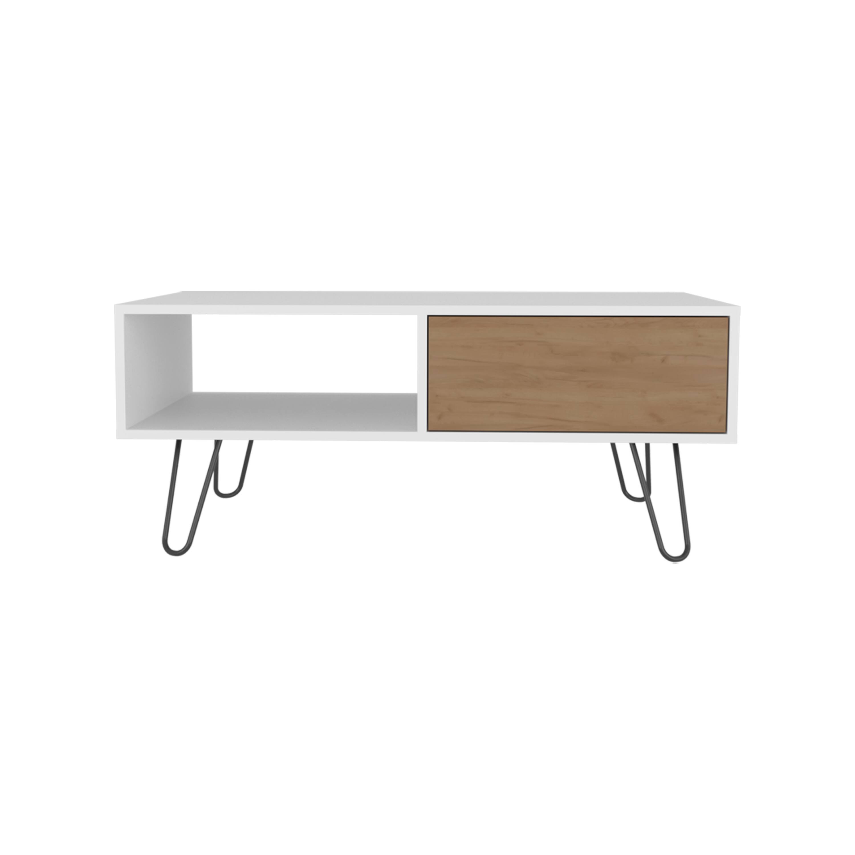 Alt View 3. TuHome - Tori Wide Coffee Table with One Drawer, One Shelf, Rectangular, Living Room and Home - Natural Oak - White.