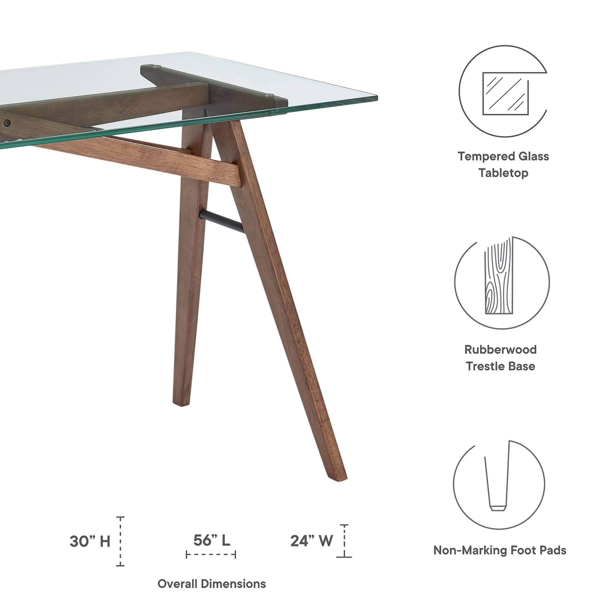 Tempered Glass Tabletop  
Rubberwood Trestle Base  

Overall Dimensions:  
30" H x 56" L x 24" W  

Non-Marking Foot Pads