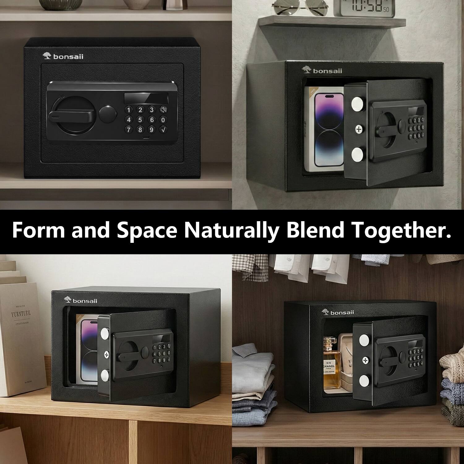 e ee 10:50 50 bonsaii bonsaii 1 4 7 2 5 8 3 6 9 i V + Form and Space Naturally Blend Together. bonsaii TERNTITE bonsaii I I 2 I I - I - 1 . A . - H

Corrected text:
bonsaii
1 2 3
4 5 6
7 8 9
0

Form and Space Naturally Blend Together.