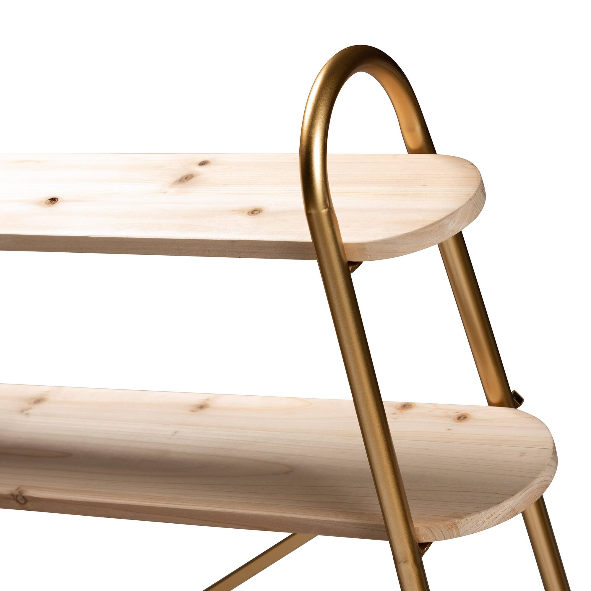 Back. Baxton Studio - Merida Glam and Luxe Finished Metal and Finished Wood 2-Tier Over Bed Queen Size Storage Display Shelf - Natural/Gold.