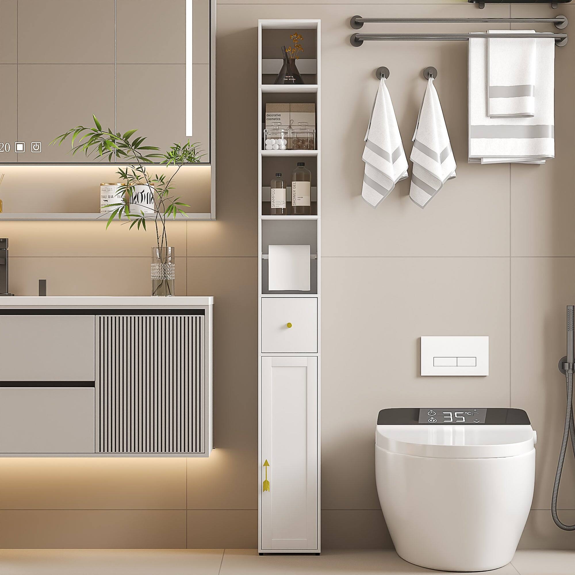 Front. Vecelo - Bathroom Storage Cabinet with Toilet Paper Holder, Slim Waterproof Floor Cabinet with Magnetic Doors - Classic White.
