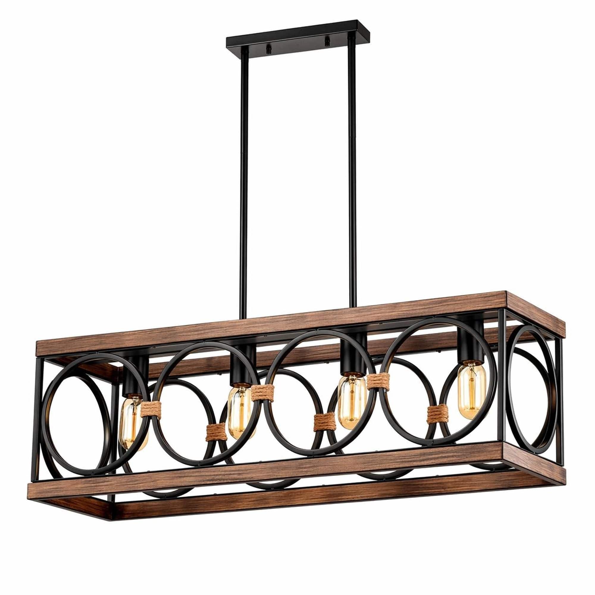 RYHNUYNE - Rustic Farmhouse 4-Light Rectangular Pendant with Natural Wood Accents and Black Metal Frame, 31.6-Inch