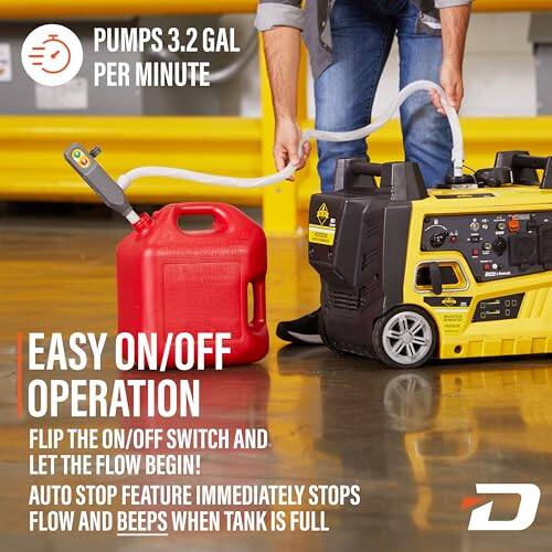 PUMPS 3.2 GAL PER MINUTE, EASY ON/OFF OPERATION, FLIP THE ON/OFF SWITCH AND LET THE FLOW BEGIN! AUTO STOP FEATURE IMMEDIATELY STOPS FLOW AND BEEPS WHEN TANK IS FULL.