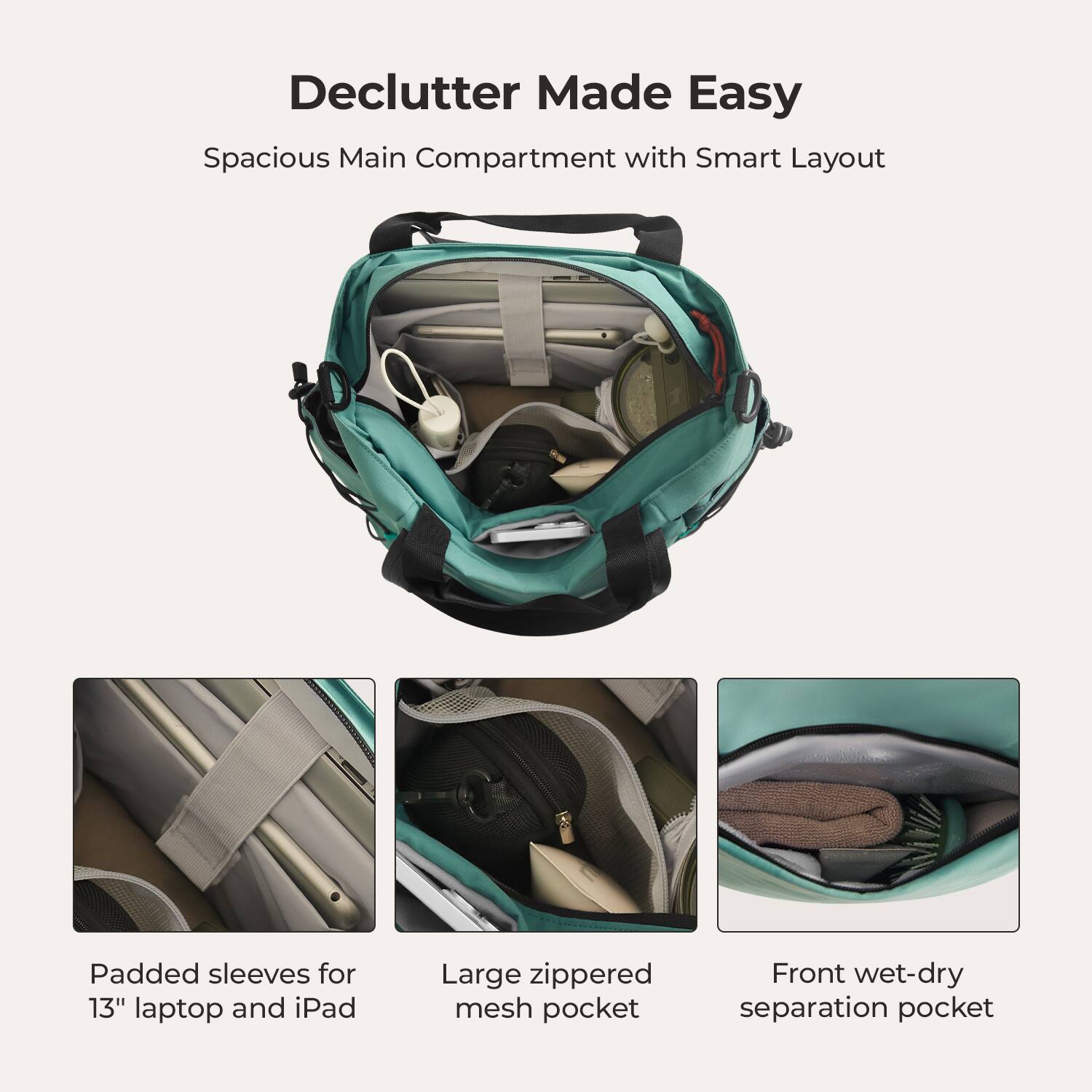Declutter Made Easy  
Spacious Main Compartment with Smart Layout  
Padded sleeves for 13" laptop and iPad  
Large zippered mesh pocket  
Front wet-dry separation pocket
