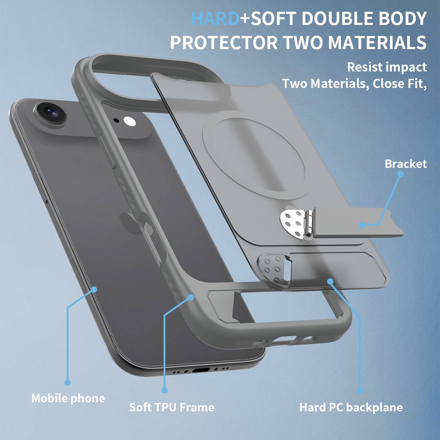 HARD+SOFT DOUBLE BODY PROTECTOR TWO MATERIALS  
Resist impact  
Two Materials, Close Fit,  
Bracket  
Mobile phone  
Soft TPU Frame  
Hard PC backplane