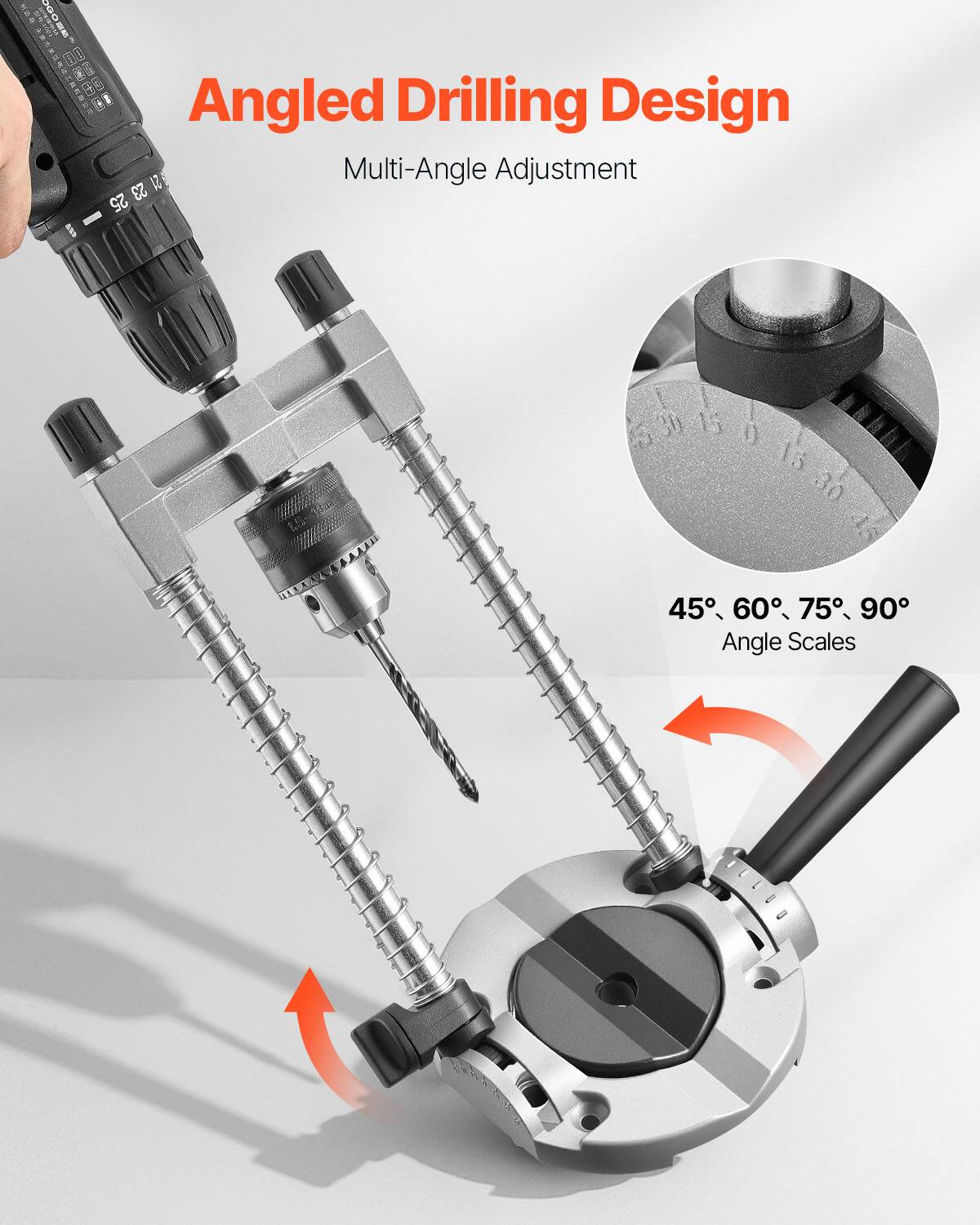 Angled Drilling Design  
Multi-Angle Adjustment  

45°, 60°, 75°, 90°  
Angle Scales
