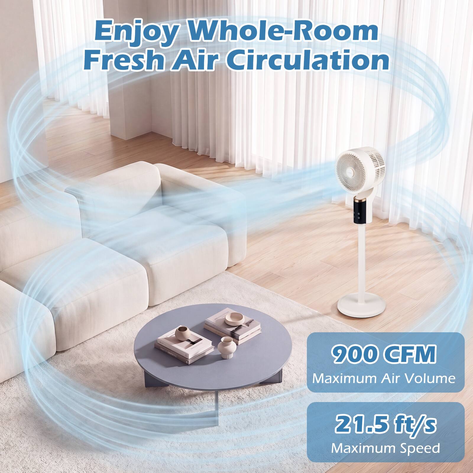 Enjoy Whole-Room Fresh Air Circulation  
900 CFM Maximum Air Volume  
21.5 ft/s Maximum Speed