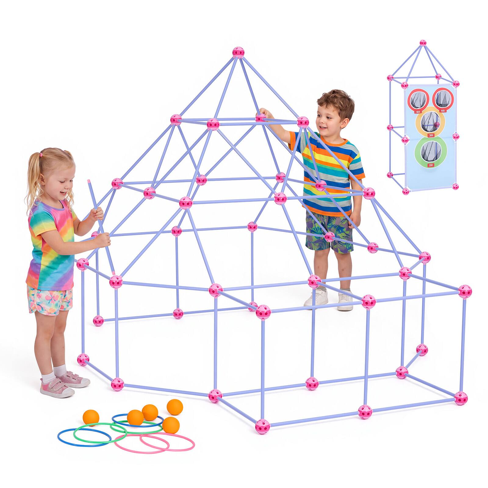 Front. VEVOR - Fort Building Kit for Kids, 140 PCS Creative STEM Construction Toys, for 4 5 6 7 8+ Year Old Boys Girls, Upgraded Balls - Purple;Pink.