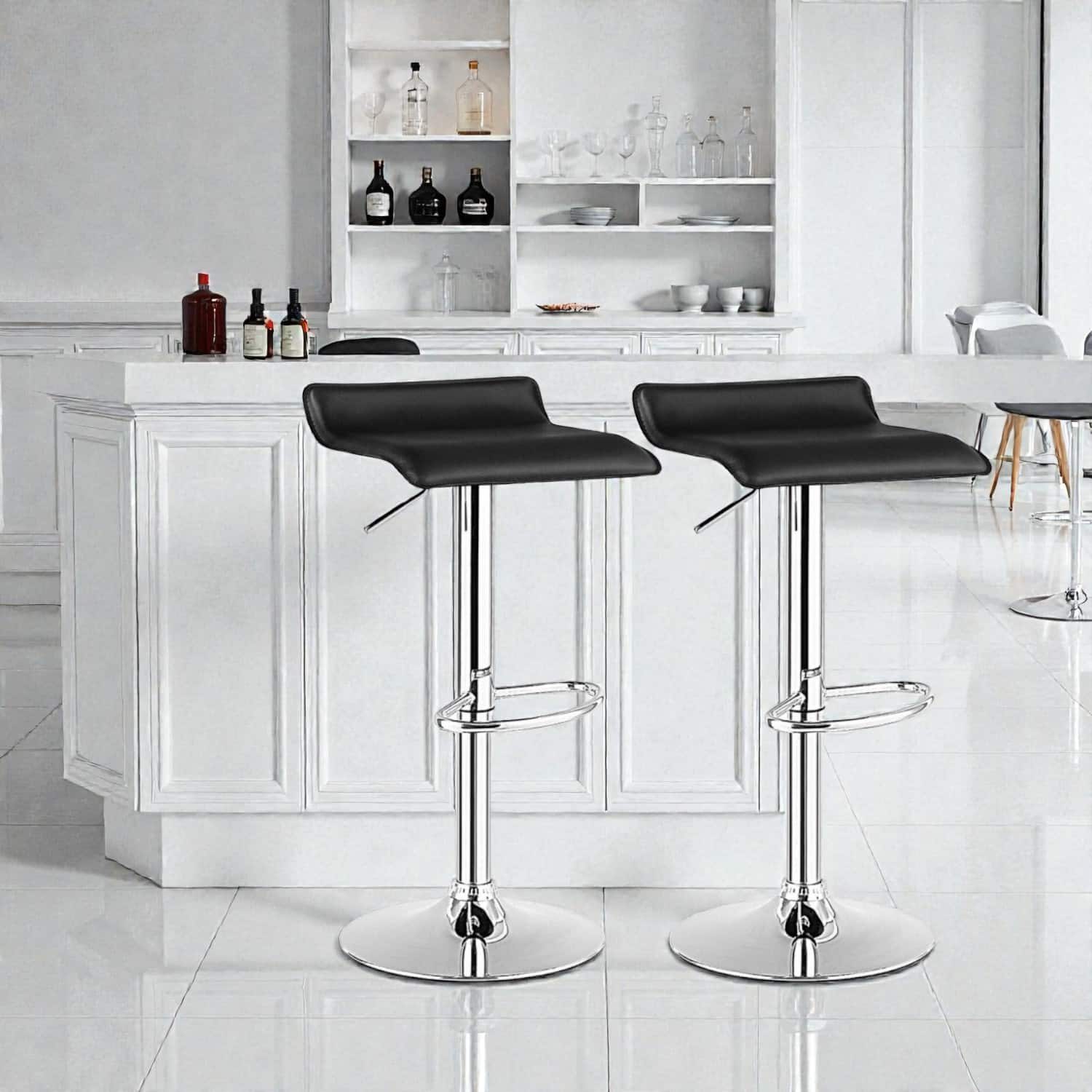 Hivvago - Set of 2 Modern Adjustable Backless Bar Stools with PU Leather Seats - Black