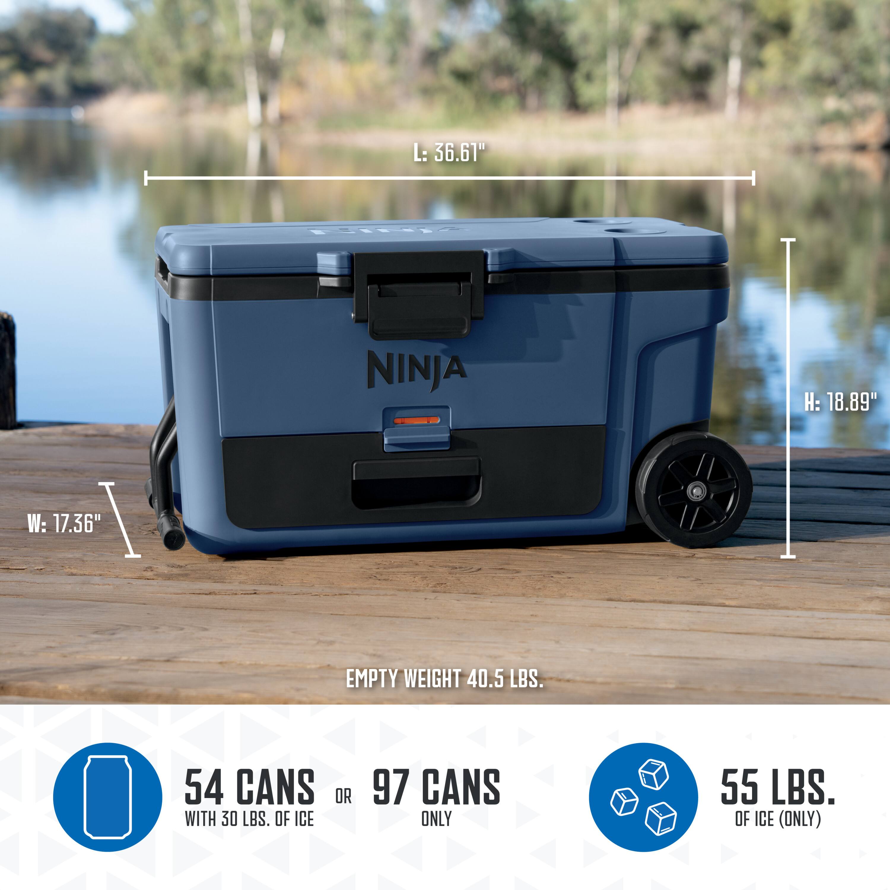 L: 36.61"  
W: 17.36"  
H: 18.89"  

EMPTY WEIGHT: 40.5 LBS.  

54 CANS OR 97 CANS ONLY  
WITH 30 LBS. OF ICE  
55 LBS. OF ICE (ONLY)