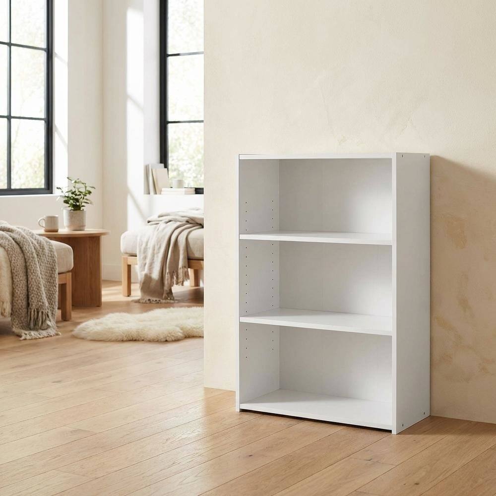 Left. FurniFact - White 3-Shelf Bookcase with Wooden Construction for Living Room and Office - Soft White.