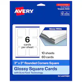 Avery - Square Cards with Rounded Corners, 3" x 3", Glossy 60ct - White