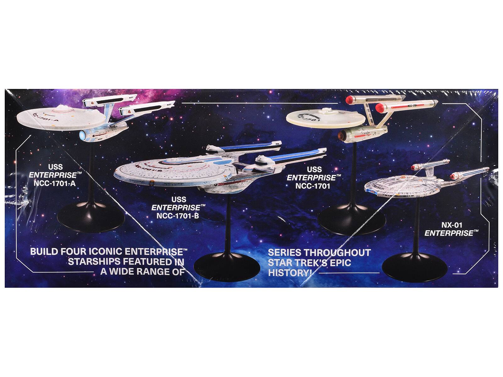 1P 11 USS ENTERPRISE NCC-1701-A USS ENTERPRISE NCC-1701 USS ENTERPRISE NCC-1701-B NX-01 TM ENTERPRISE BUILD FOUR ICONIC ENTERPRISE STARSHIPS FEATURED IN A WIDE RANGE OF SERIES THROUGHOUT STAR TREK'S EPIC HISTORY!