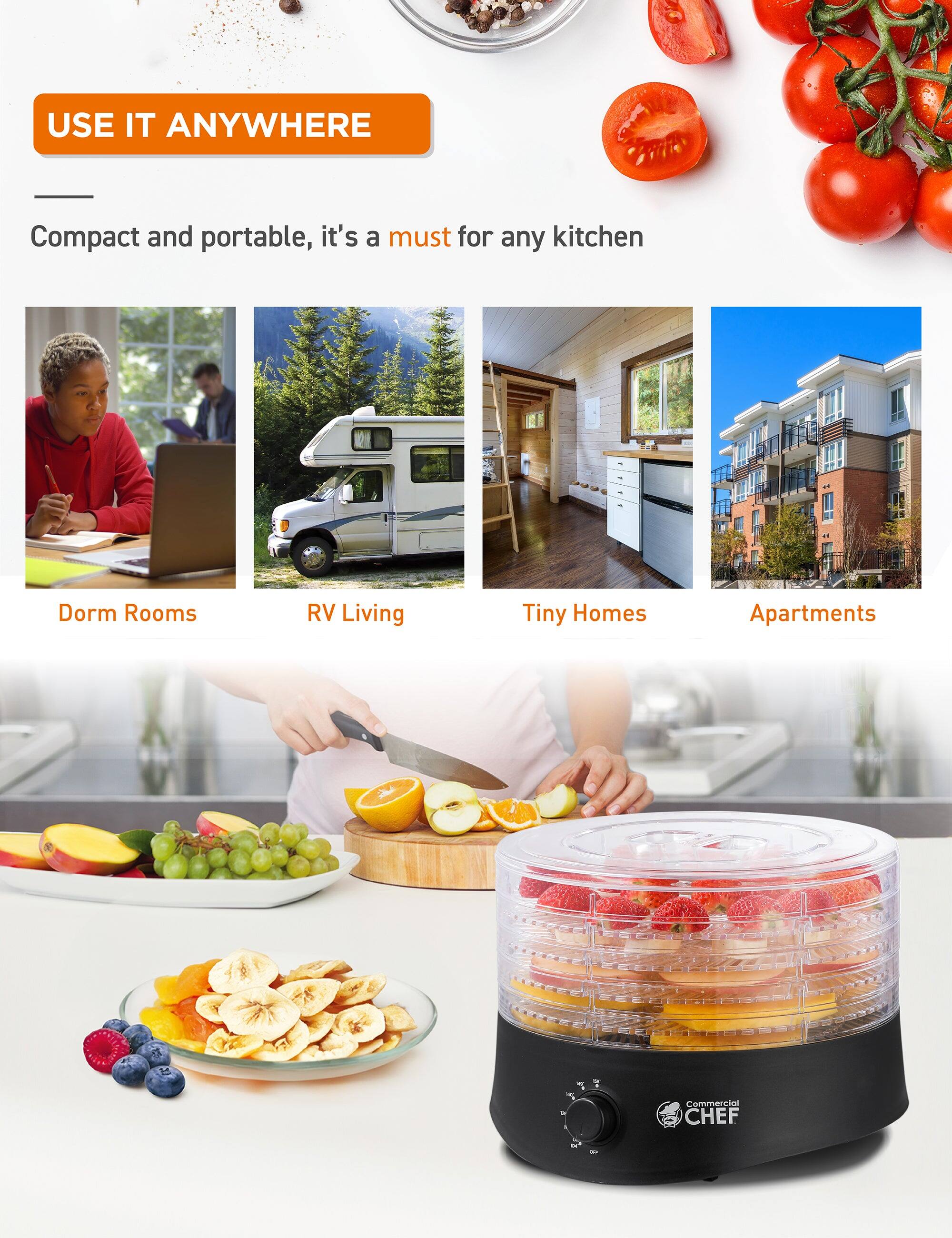 USE IT ANYWHERE

Compact and portable, it's a must for any kitchen

- Dorm Rooms
- RV Living
- Tiny Homes
- Apartments

Commercial CHEF