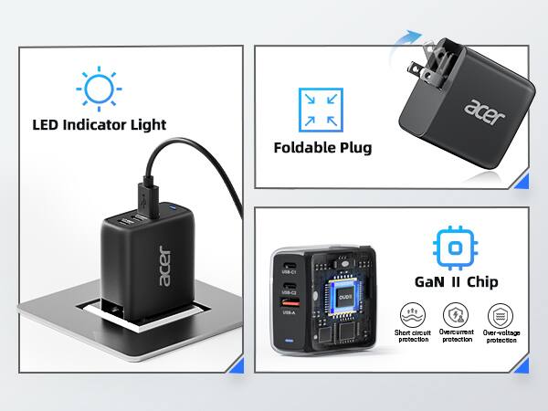 Acer 67W USB C Charger, 3 Port GaN Fast Charging Block, Foldable