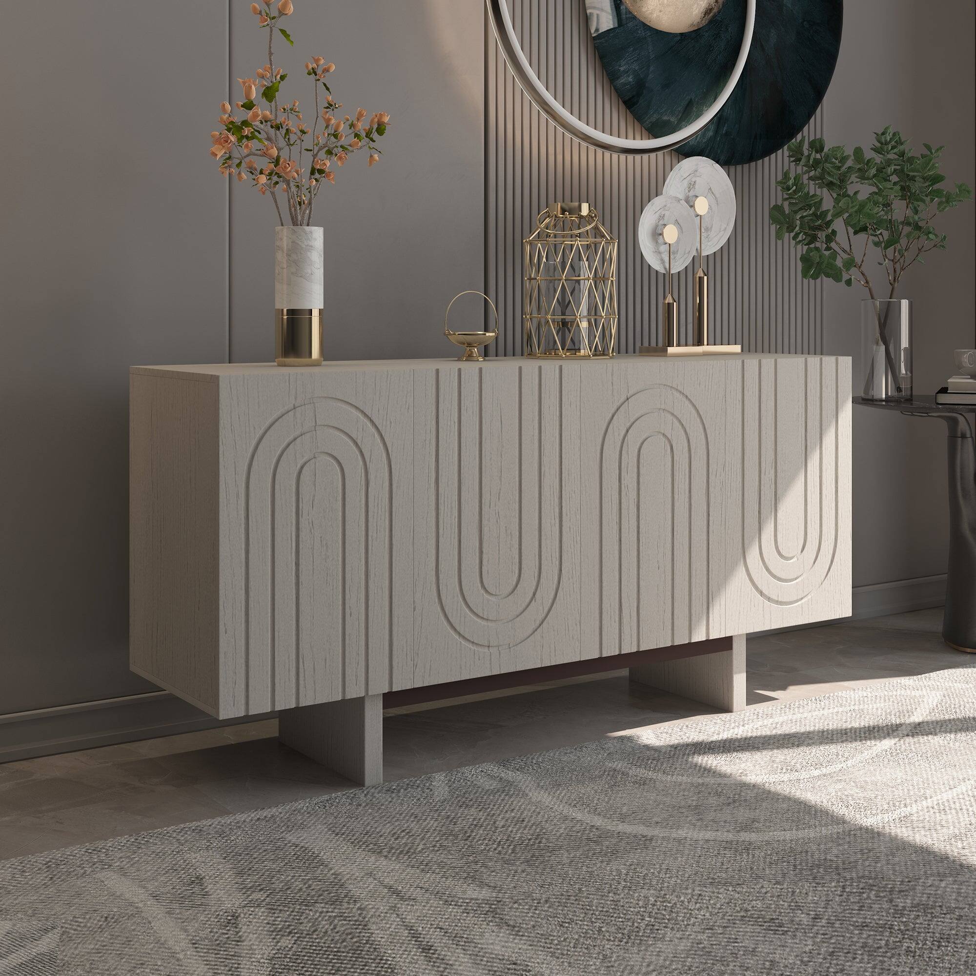 Alt View 3. Boyel Living - White MDF 4-Door 62.99 in. Wood Grain Buffet Sideboard with MDF Legs For Living Room and Kitchen-Dining Room - White.