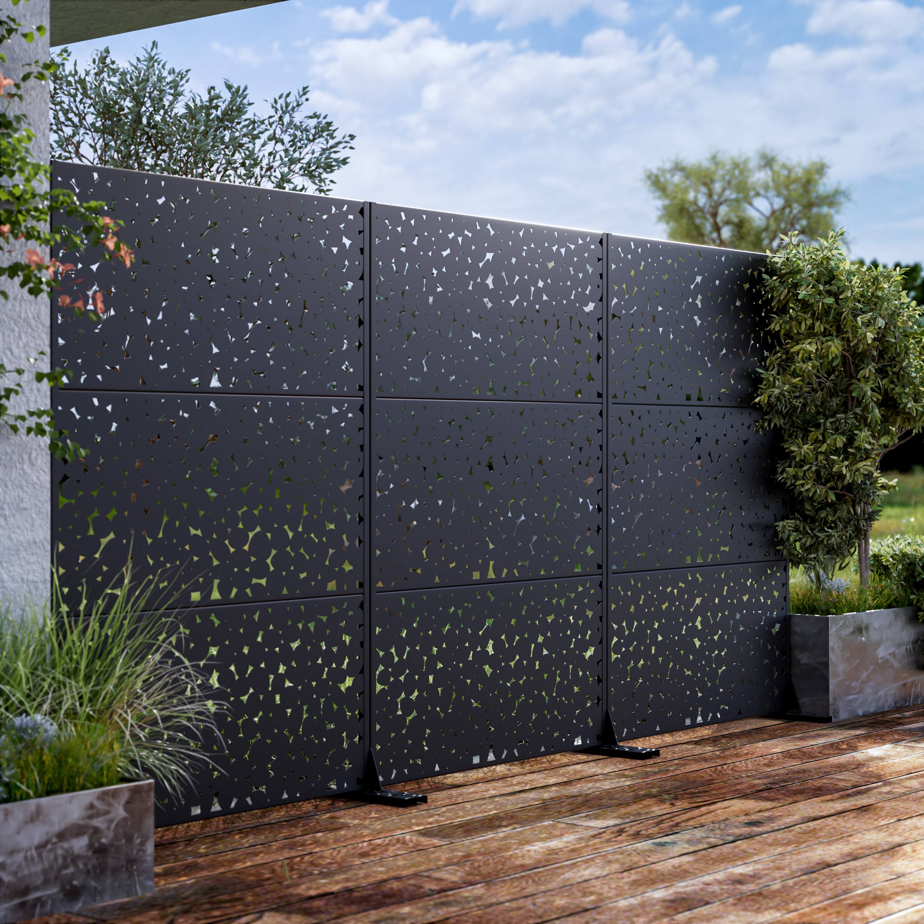 Alt View 2. PexFix - 72 in. x 47 in. Ernie Pattern Metal Outdoor Privacy Screen & Panels, Freestanding Garden Divider Fence - Black.