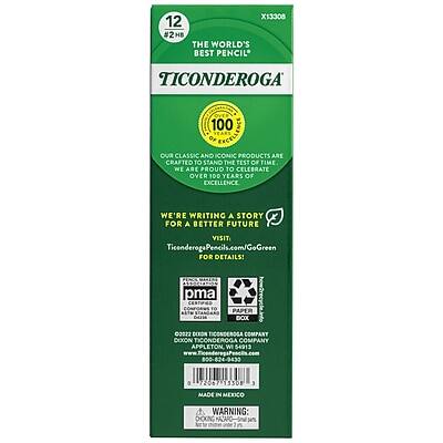X13308  
12 #2HB HB  
THE WORLD'S BEST PENCIL  
TICONDEROGA  
100%  
OUR CLASSIC AND ICONIC PRODUCTS ARE CRAFTED TO STAND THE TEST OF TIME. WE ARE PROUD TO CELEBRATE OVER 100 YEARS OF EXCELLENCE.  
WE'RE WRITING A STORY FOR A BETTER FUTURE  
VISIT TiconderogaPencils.com/GoGreen FOR DETAILS!  
pma  
CONFORMS TO PAPER BOX 202a  
DCEON TICONDEROGA COMPANY  
APPLETON WI 54913  
800-824-9430  
MADE IN MEXICO  
WARNING: CHOKING HAZARD - Small parts. Not for children under 3 years.