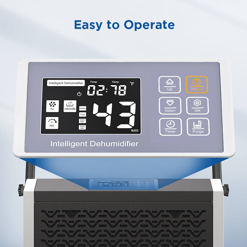 Easy to Operate  
Intelligent Dehumidifier  
Timer Temp  
02:18  
43°F  
MAX  
Water Purge  
Intelligent Dehumidifier  
Up Down Timer Power OK Purge