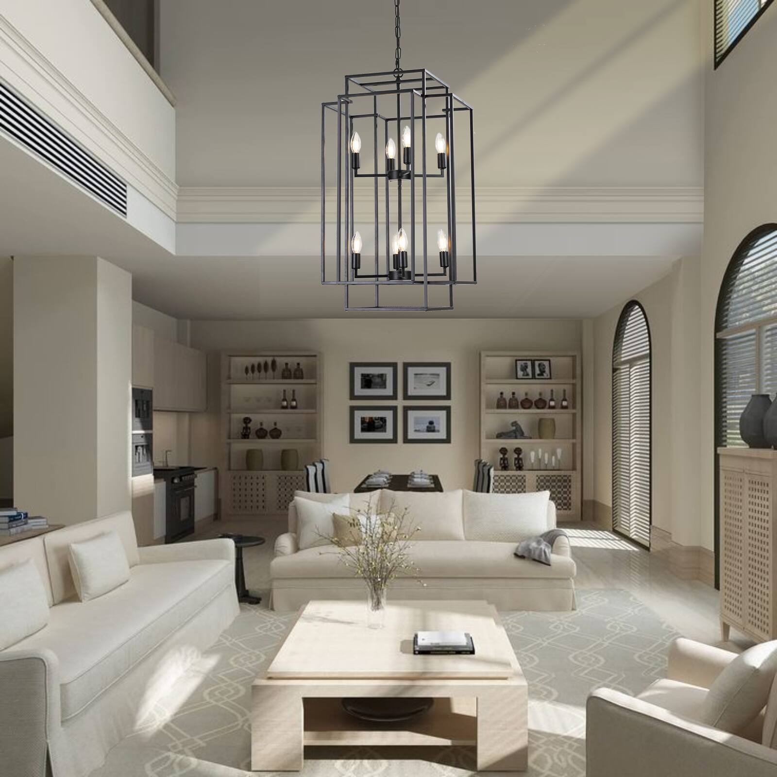 Angle. Tiramisubest - 18" Modern 8-Light Black Geometric Pendant Chandelier, Industrial Metal Frame, Adjustable Hanging Light (No Bulbs) - Black.