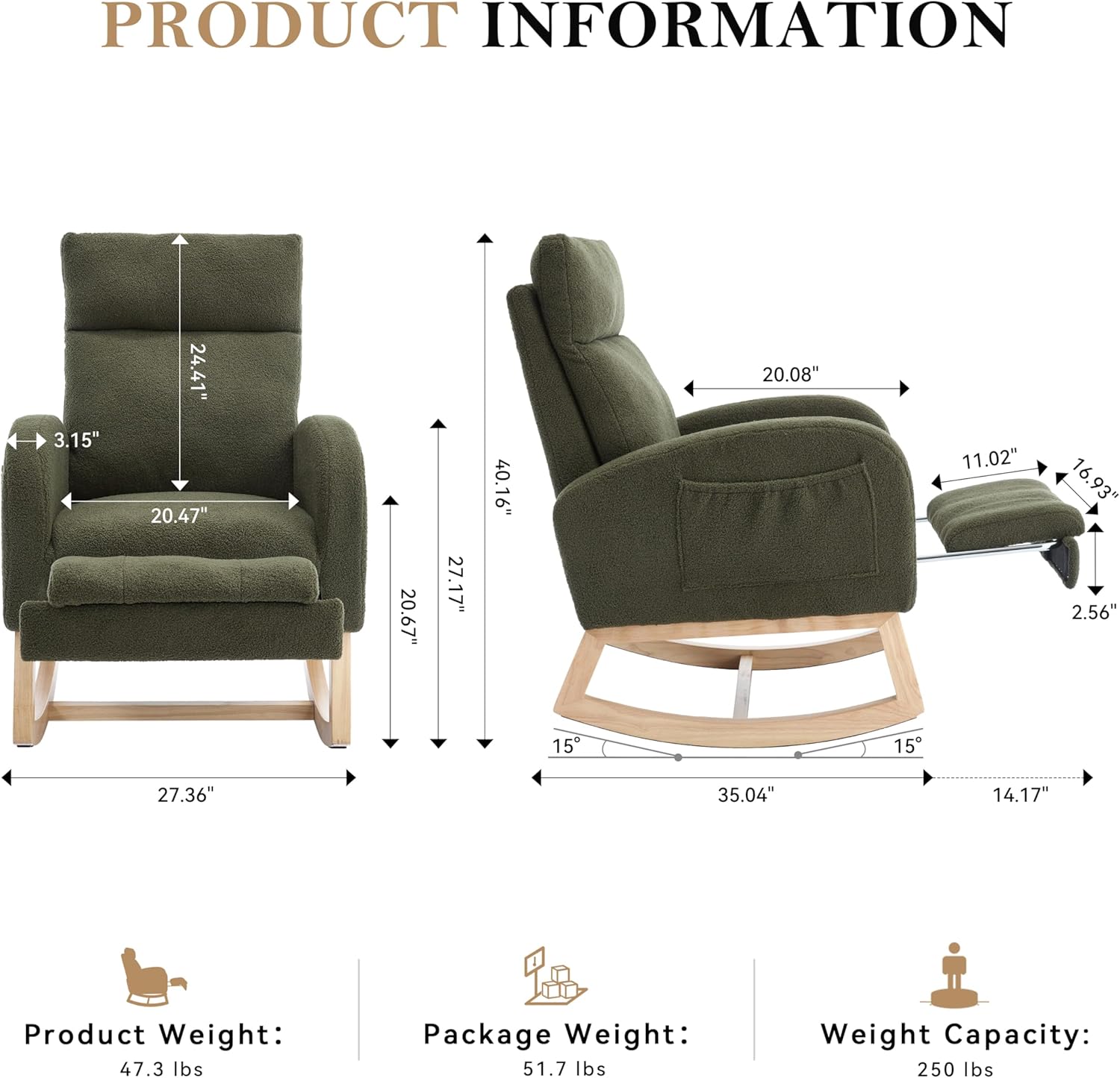 **PRODUCT INFORMATION**

- **Dimensions:**
  - Width: 27.36"
  - Depth: 24.41"
  - Height: 40.16"
  - Seat Height: 20.08"
  - Seat Depth: 20.47"
  - Arm Height: 27.17"
  - Back Height: 20.67"
  - Arm Width: 3.15"
  - Seat Width: 20.08"
  - Armrest Height: 11.02"
  - Seat Depth: 16.93"
  - Overall Height: 35.04"
  - Overall Width: 27.36"
  - Overall Depth: 14.17"

- **Weights:**
  - Product Weight: 47.3 lbs
  - Package Weight: 51.7 lbs
  - Weight Capacity: 250 lbs