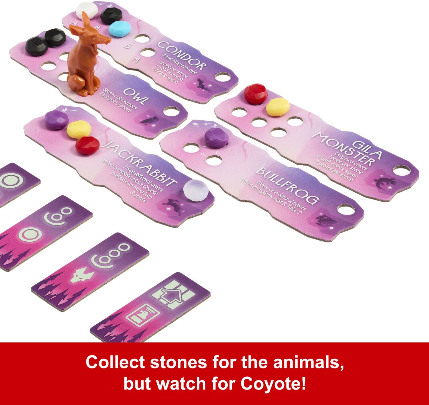 A game where you collect stones for the animals, but watch for Coyote!

- **CONDOR**: Master of the sky. If you place a stone on the Condor, you get 3 points.
- **OWL**: Swoops down to catch prey. If you place a stone on the Owl, you get 2 points.
- **JACKRABBIT**: Three different colors. When you complete 2 colors, you get 3 points.
- **MONSTER**: Only two stones. If you place a stone on the Monster, you get 2 points.
- **GILA**: Only two stones. If you place a stone on the Gila, you get 2 points.
- **BULLFROG**: Three-of-a-kind. When you complete 2, you get 3 points.

Collect stones for the animals, but watch for Coyote!