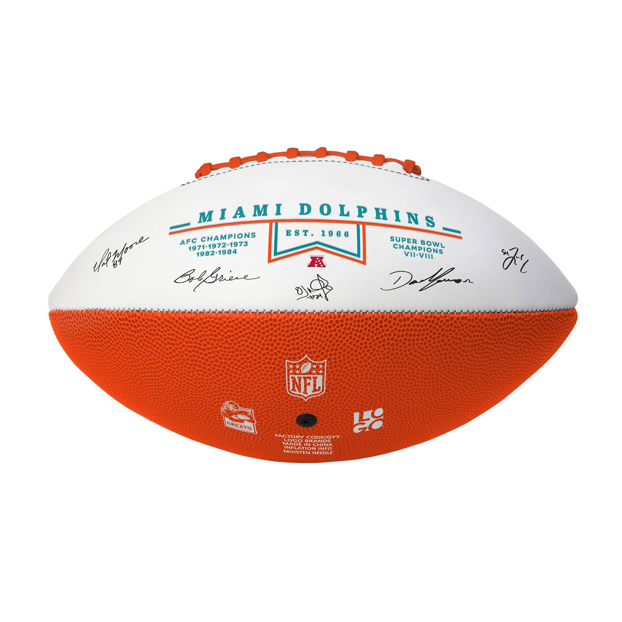 MIAMI DOLPHINS  
EST. 1966  
AFC CHAMPIONS  
1971-1972-1973  
SUPER BOWL  
CHAMPIONS  
VII-VIII  

NFL  
MADE IN USA  
MADE BY  
WILSON  
MADE IN USA  
MADE BY  
WILSON
