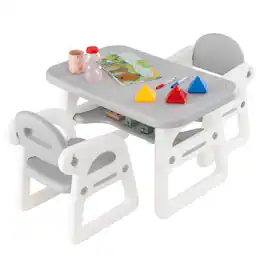 Costway - 3-Piece Kids Table and Chair Set Toddler Activity Study Desk with Building Blocks - Gray