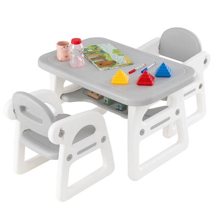 Front. Costway - Costway 3-Piece Kids Table and Chair Set Toddler Activity Study Desk with Building Blocks - Gray.