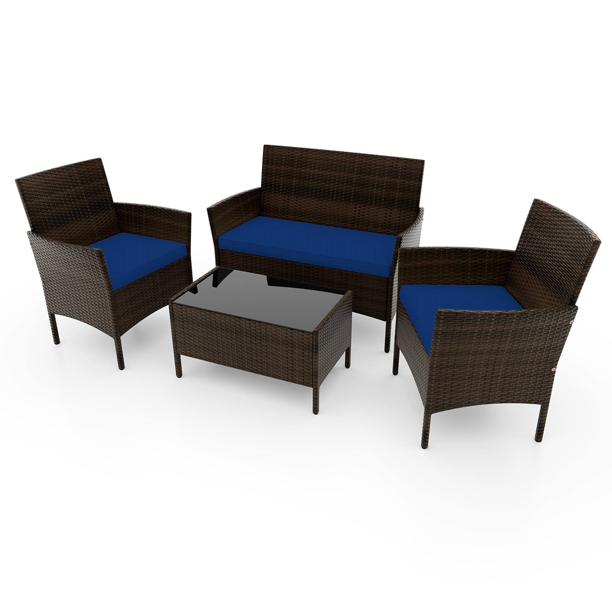 Alt View 1. Costway - 4 PCS Patio Furniture Set with Washable Cushions and Tempered Glass Coffee Table - Mix Brown + Navy.
