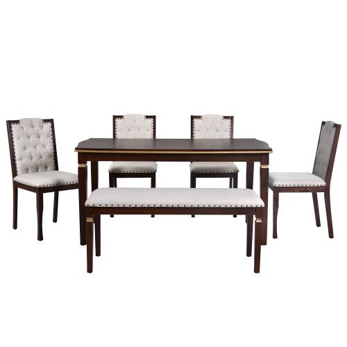 Alt View 2. LUCKY ONE - 6-Piece Dining Set with 60" Rectangular Dining Table, Bench and 4 Tufted Chairs - Espresso.