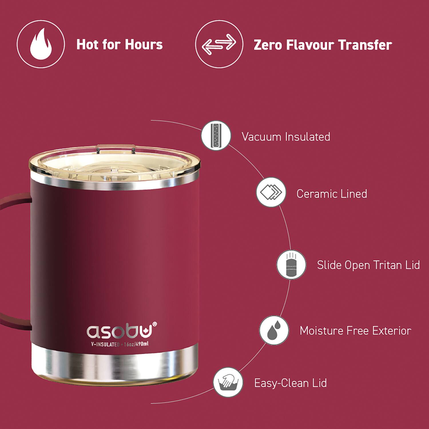 Hot for Hours  
Zero Flavour Transfer  
Vacuum Insulated  
Ceramic Lined  
Slide Open Tritan Lid  
Moisture Free Exterior  
Easy-Clean Lid