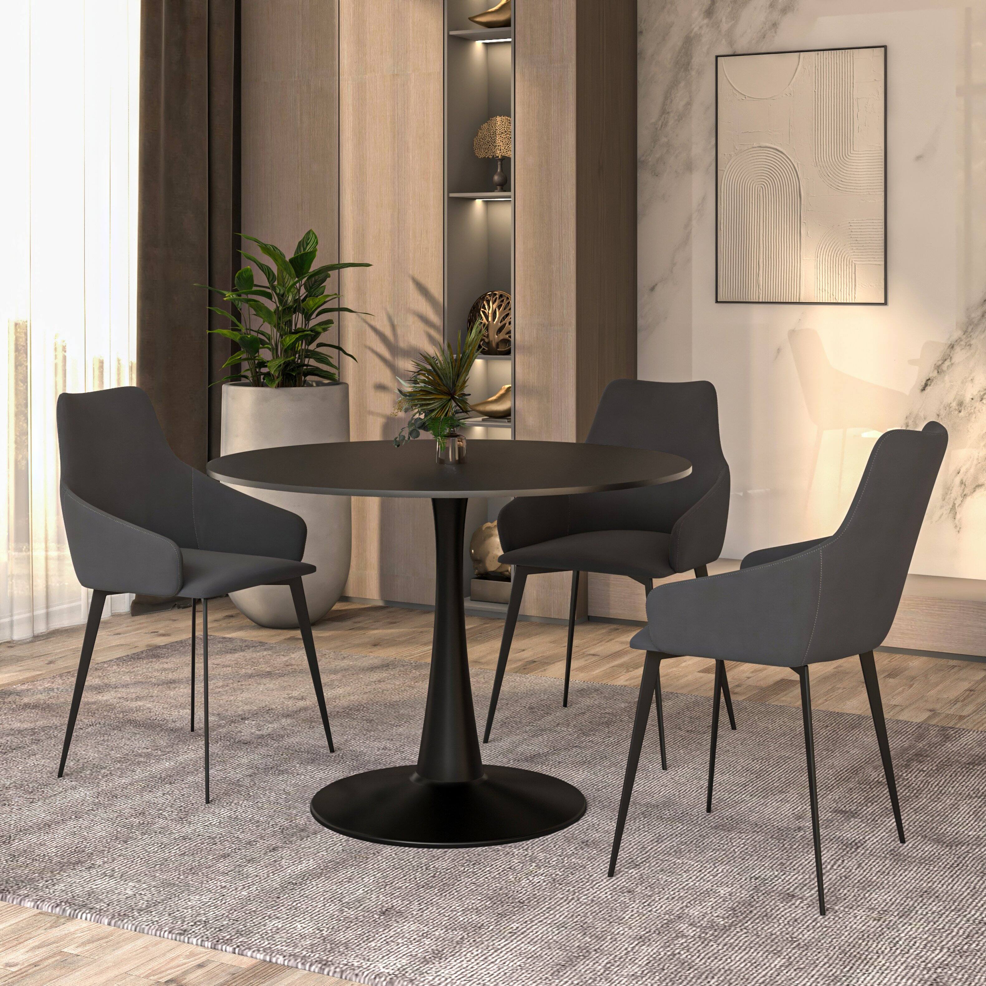 Angle. LeisureMod - Bristol 40" Minimalist Round Pedestal Dining Table - Space-Saving Kitchen Table with Powder-Coated Steel Base - MDF - Black.