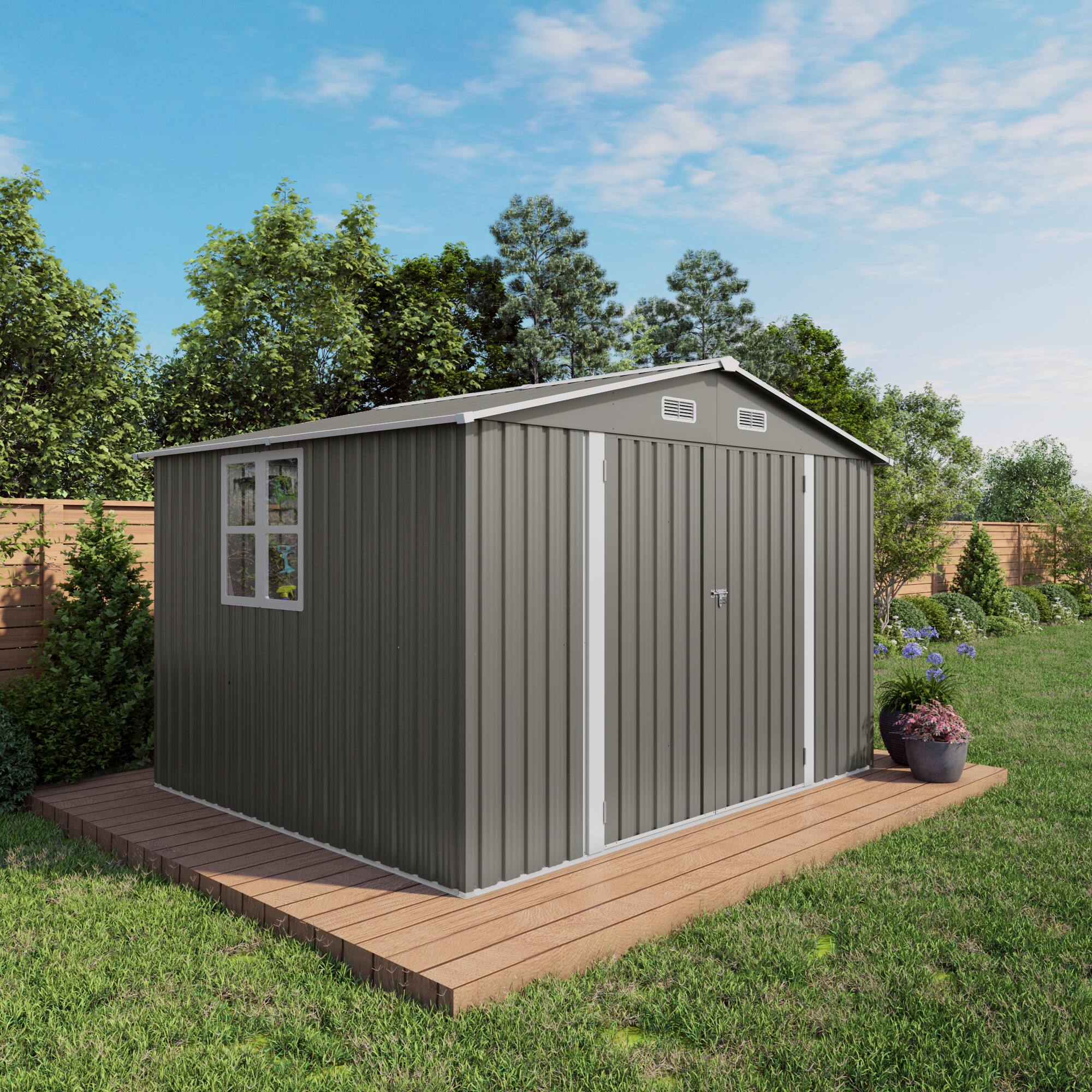Angle. Mondawe - 10x8 FT Outdoor Storage Shed with Lockable Door,Air Vent and Clear Window - Gray.