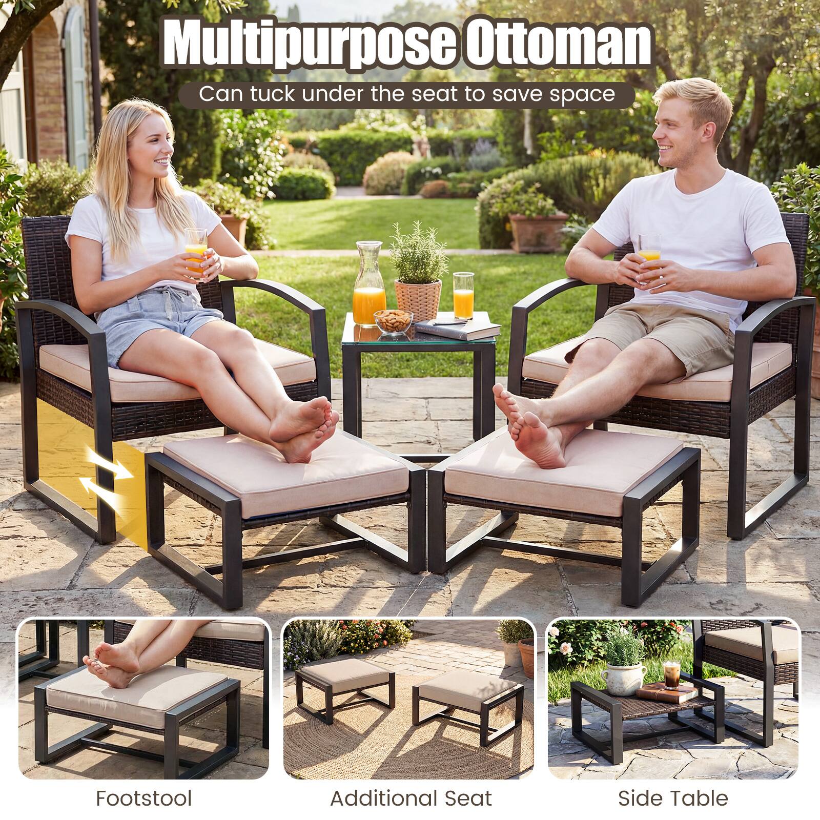 Multipurpose Ottoman  
Can tuck under the seat to save space  

Footstool  
Additional Seat  
Side Table