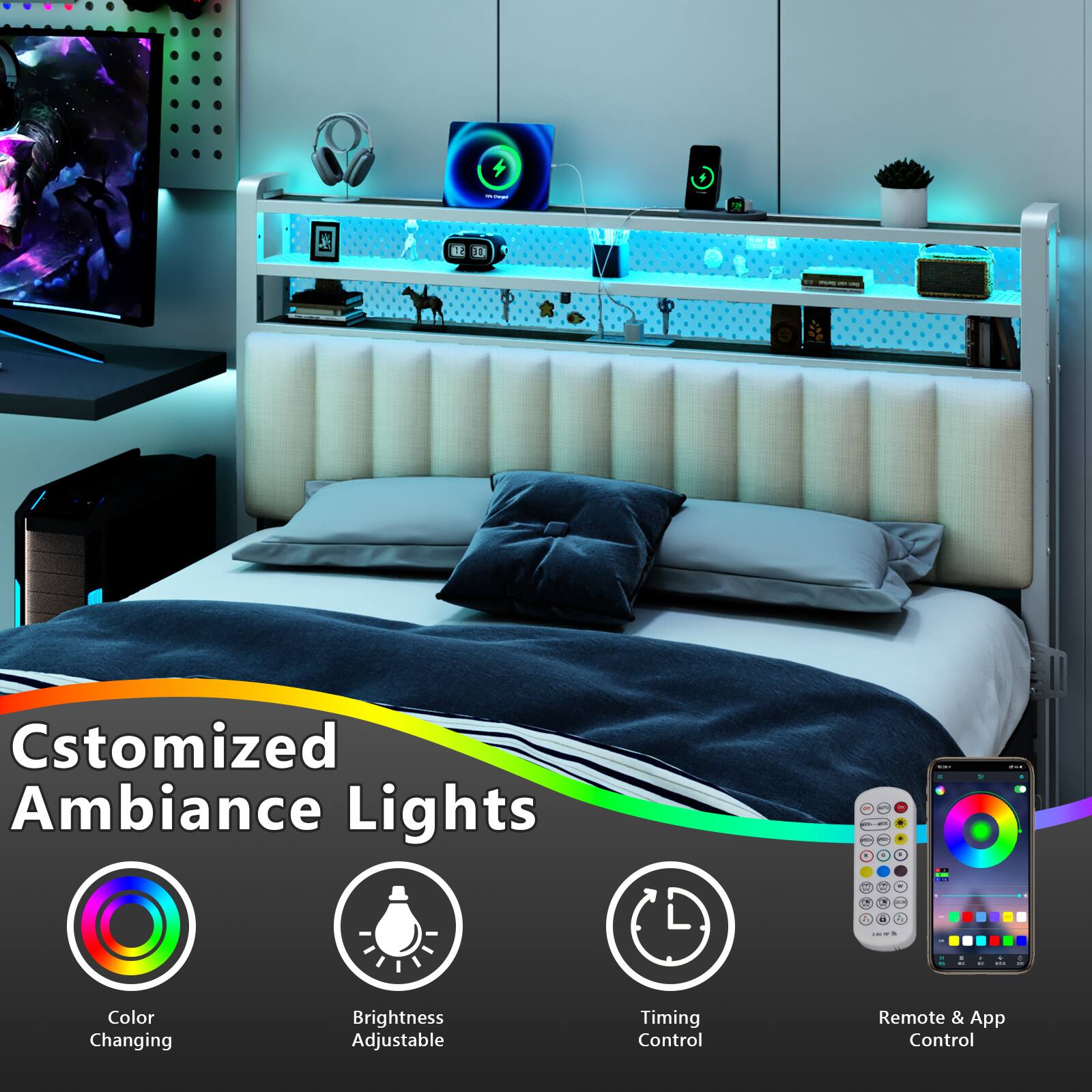 - L 1 10 ! - 1 I I - Cstomized Ambiance Lights I . I 4 - A : I - - . - - - d . - I Color Changing Brightness Adjustable Timing Control Remote & App Control