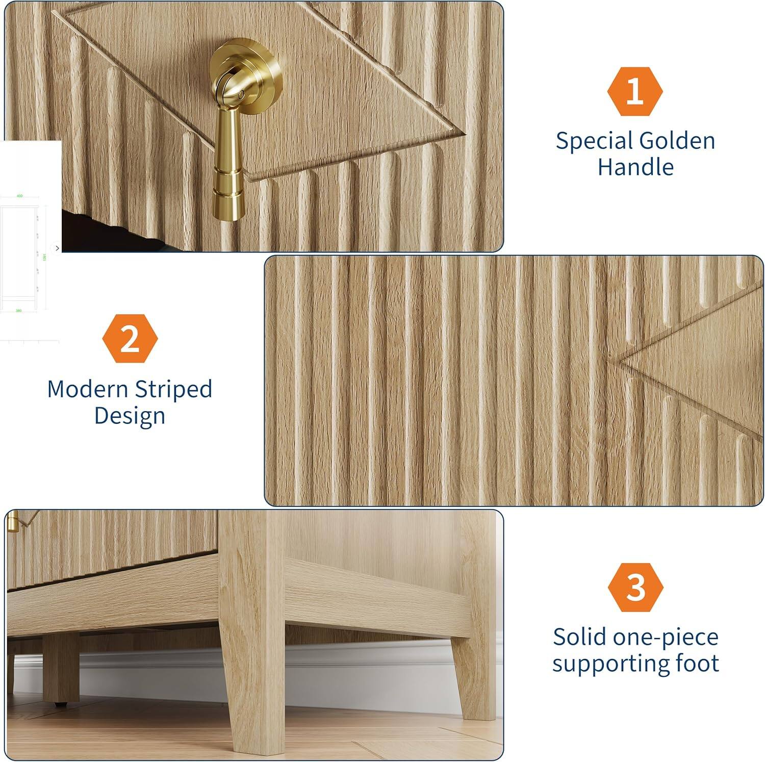 1. Special Golden Handle  
2. Modern Striped Design  
3. Solid one-piece supporting foot