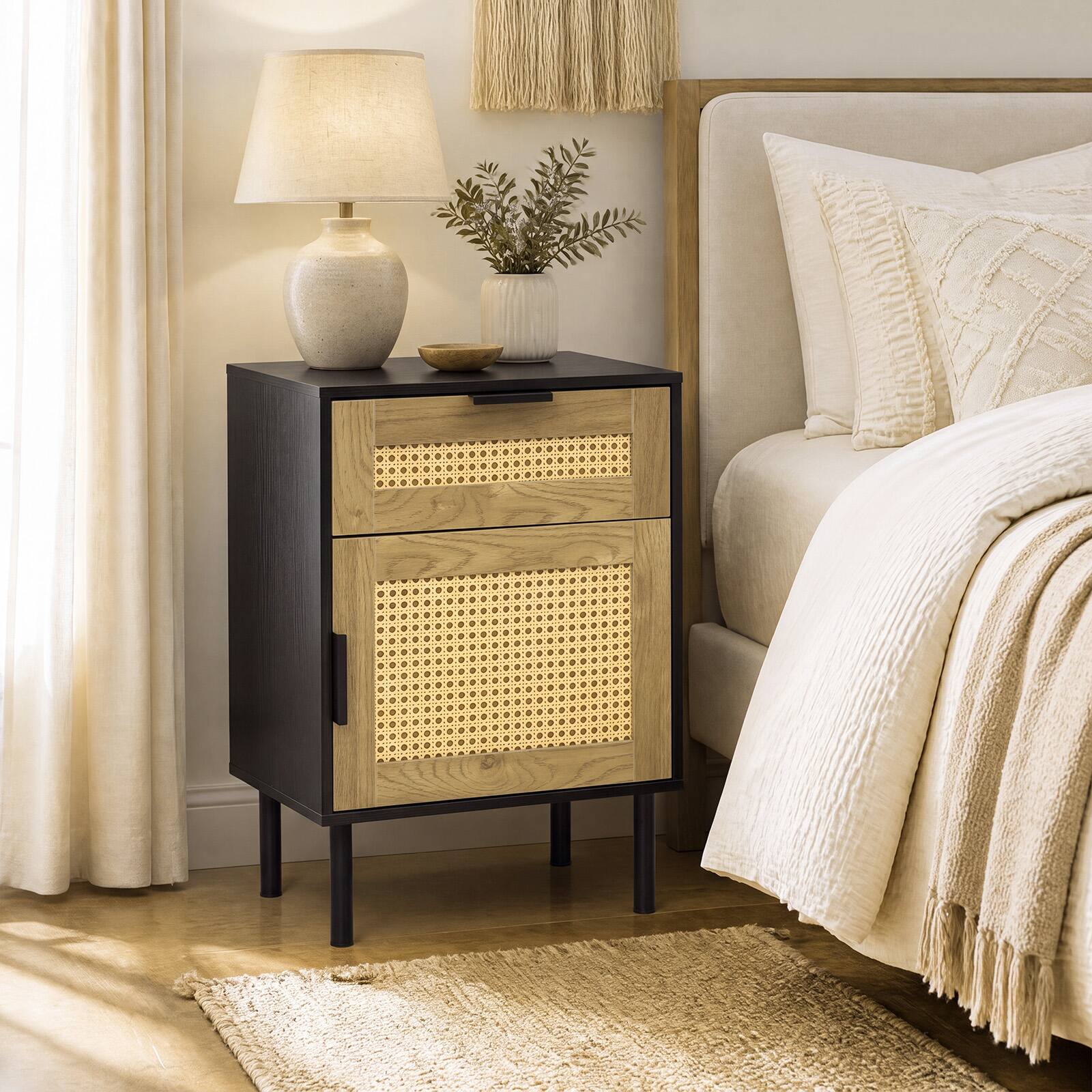 Alt View 4. Gymax - Gymax Rattan Nightstand w/ Drawer & Storage Cabinet 2 Anti-Tipping Kits for Bedroom Black - Black.