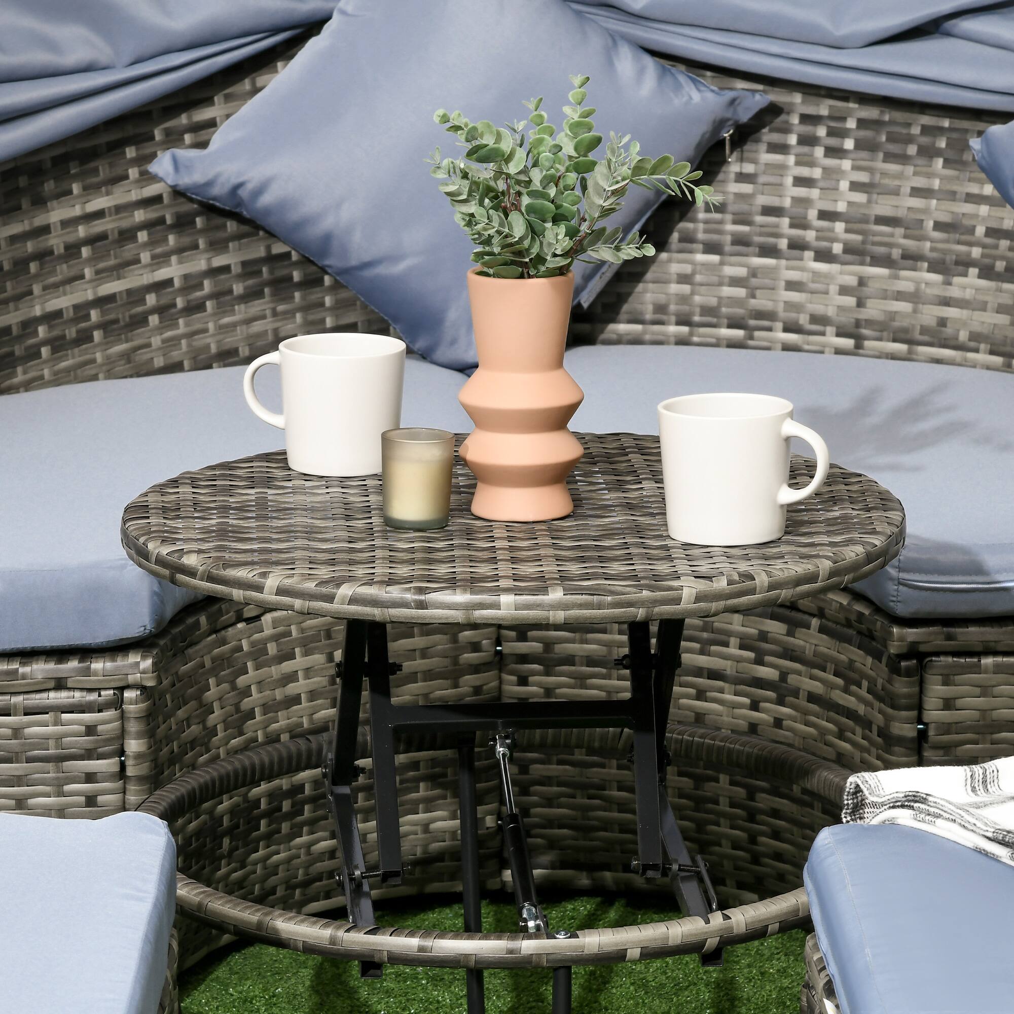 Alt View 7. Outsunny - 4 Piece Round Rattan Daybed, Convertible Patio Furniture Set, Adjustable Sun Canopy, Sectional Outdoor Sofa, 2 Chairs - Light Gray.