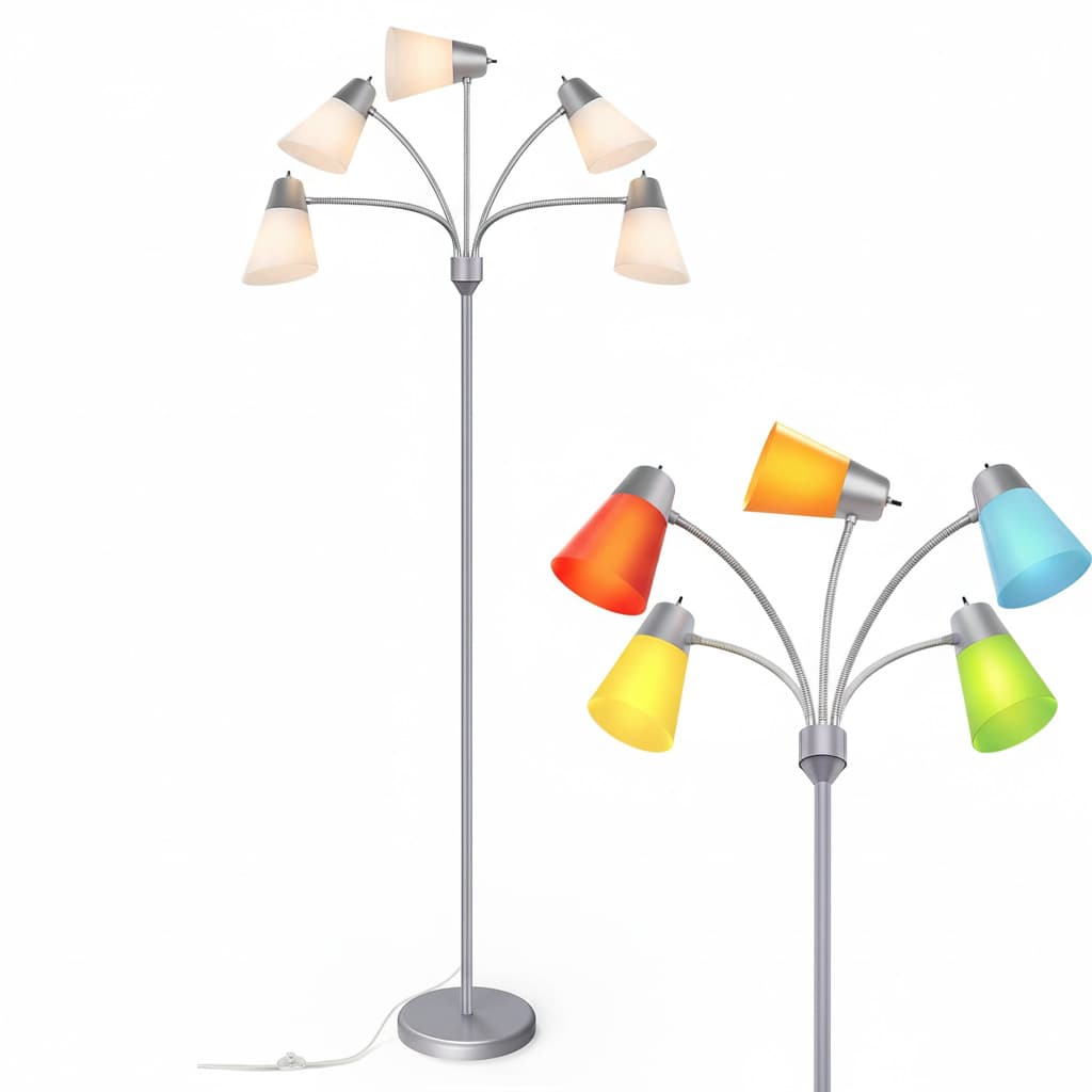 FINEAK - Modern Medusa Multi-Head LED Floor Lamp - Grey Adjustable Corner Reading Standing Light with Colored Lampshades - Silver