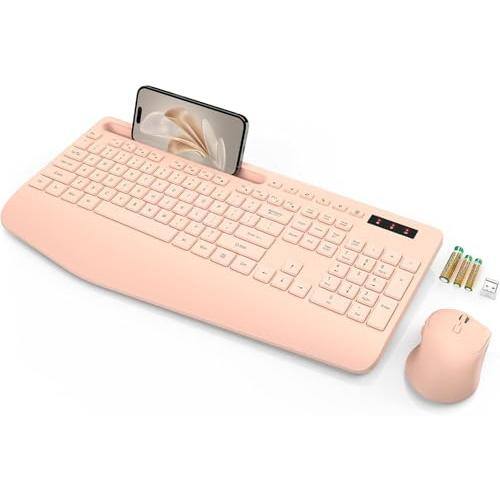 Front. Cedar Assembly - Wireless And Mouse Wrist Rest Phone Holder Included Lag-free Keyboards Combo Silent Cordless Set For Pc - Champagne Pink-1 Pack.