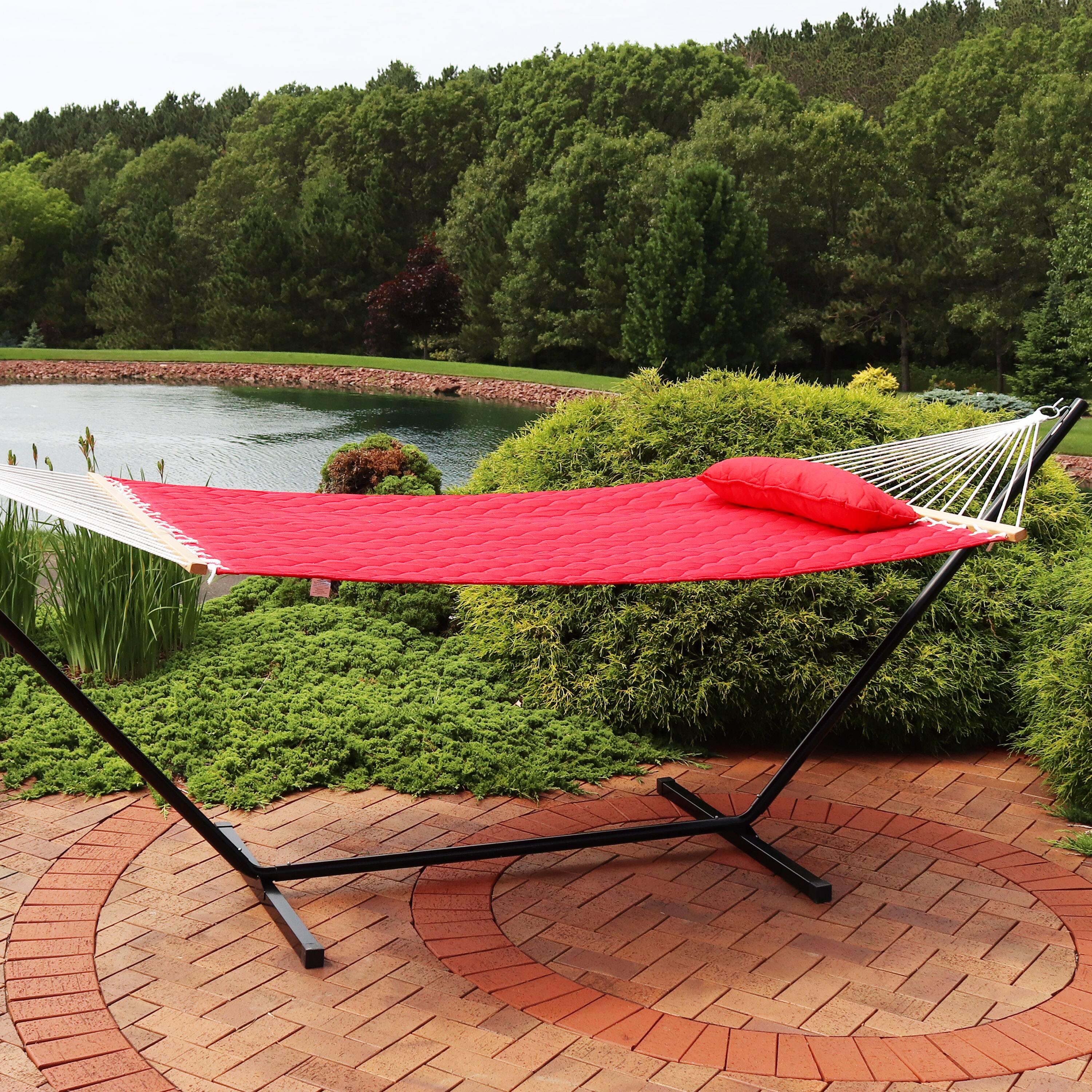Alt View 3. Sunnydaze - Large Quilted Fabric Hammock with Spreader Bars and Pillow - Red.